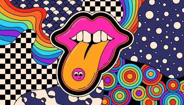 Psychedelic Groovy Smile Tongue Pill Coloring Print — Stock Vector