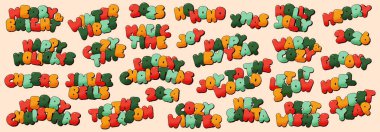 Renkli bir Noel çıkartması paketi. Retro etiket noel ifadeleri.