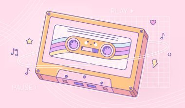 Tatlı yüzlü taşınabilir müzik çalar için Retro kawaii kaseti.