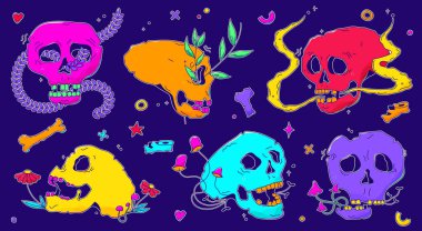 Renkli karalamalar, harika scull çıkartmaları. Serseri Kawaii elementleri.