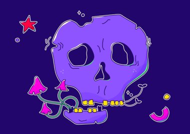 Neon rengi psikedelik kafatası, mantarlar ve küçük detaylar..