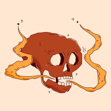 Kahverengi sanrısal kafatası dumanla ve küçük detaylarla.