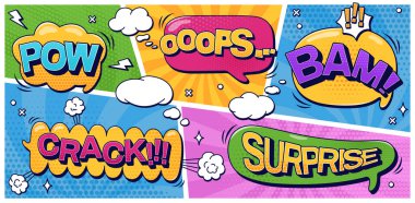 Konuşma baloncuklu Pow Bam Sürpriz Çatlak Ooops metin ve yarım ton elementleri renk modasına uygun. Vektör rengi çizgi roman çizimleri.