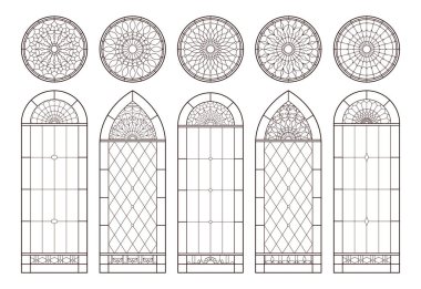 Lekeli kilise vitrinleri. Katolik Hristiyan çerçeveleri. Siyah beyaz çizgi çizimi.
