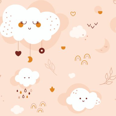Cinsiyet ayrımı olmayan bohem bebek. Kawaii bulutu gökkuşağı ay kalbi ile kusursuz desen..