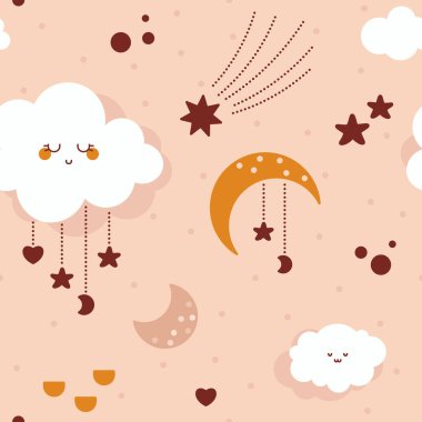 Kawaii bulutlu bohem bebek kusursuz desen gökkuşağı ay kalbi bırakır.