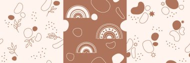 Gökkuşakları, brunchlar ve yapraklar, yıldızlar ve Boho renklerinde çizilmiş soyut noktalar olan üç kusursuz çocuk deseninden oluşan bir set..