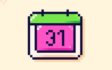 Takvim simgesi 31 'inin tarihini piksel resim 8 bit olarak çizer. Yeşil ve morumsu renkler.