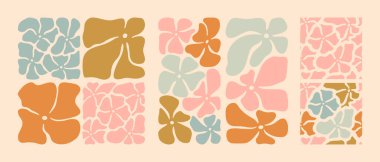 Dalgalı soyut saf hippi 70 'lerin çiçekleri. Boho renginde çizilmiş renkli papatyalar ve modaya uygun retro tarzda boyanmış iki kusursuz desen..