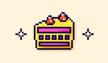 Üzerinde böğürtlen ve etrafında iki basit yıldız olan pikselli bir pasta..