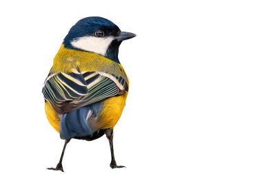 Photo of a bird with oil painting effect applied. Cute bird with great details and colours. Isolated image. White Background. Great tit.