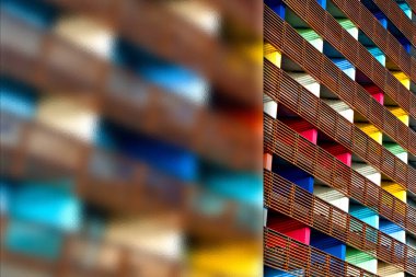 Renkli bina. Renkli bir arka plan. Buzlu cam efektli fotoğraf bir tarafa uygulanır. Sunum, kart, poster vs. kullanıma hazır resim.