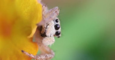 Zıplayan örümcek. Şirin bir örümceğin detaylı bir filmi. Renkli doğal arkaplan.