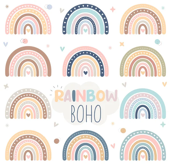 Aranyos Vektor Boho Rainbow Illusztráció Készlet Szív Elszigetelt Fehér Háttér — Stock Vector
