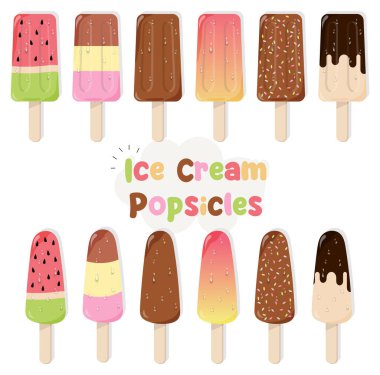 Lezzetli dondurmalar. Tatlı yaz dondurmaları, farklı lezzetlerde dondurmalar, farklı malzemelerle izole edilmiş dondurmalar. Web, tasarım ve yazdırma için vektör illüstrasyonu