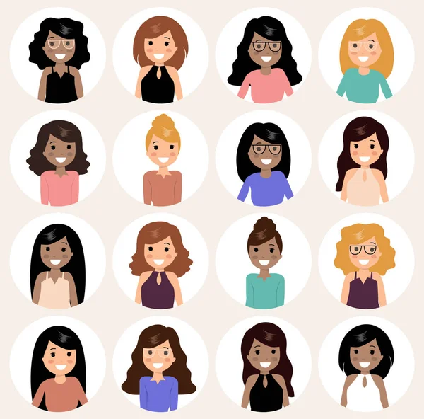 Σετ Άβαταρ Για Χαμογελαστές Γυναίκες Διαφορετικές Γυναίκες Συλλογή Χαρακτήρων Μεμονωμένη — Διανυσματικό Αρχείο