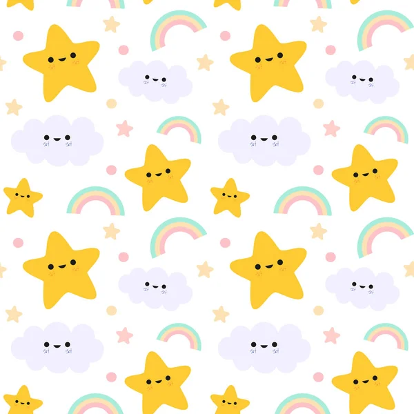 Cute Pattern Stars Clouds Rainbow Cute Cartoon Stars Clouds Smiling — Stock Vector