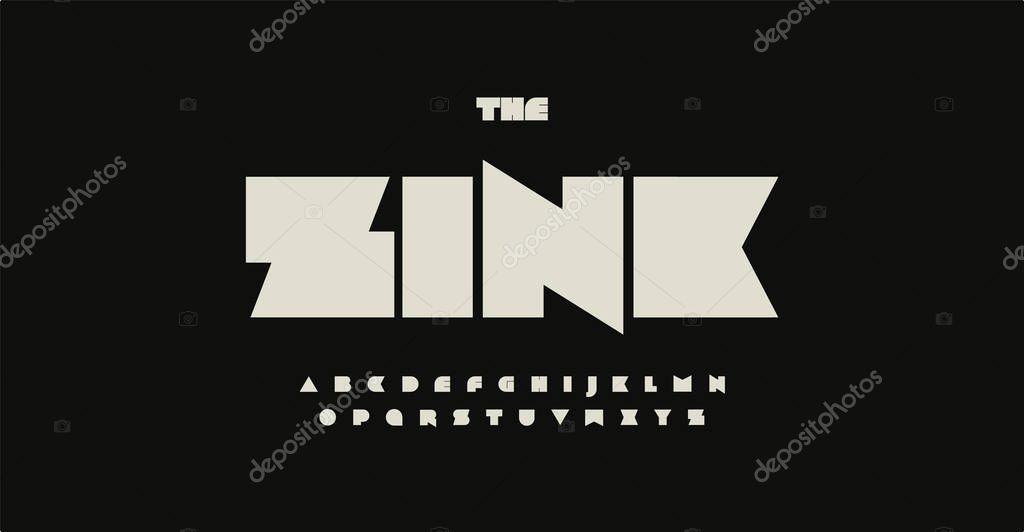 Rebellious font, ultramodern heavy typeset with sharp angles. Rough letters, futuristic cyberpunk alphabet, minimalist type for techno logo, headline and monogram. Vector typographic design.