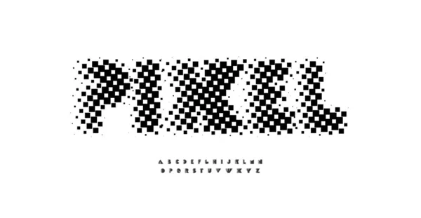 Pixel Dekorativa Teckensnitt Halvton Mosaik Alfabet Gitter Yta Typeset Ovanliga — Stock vektor