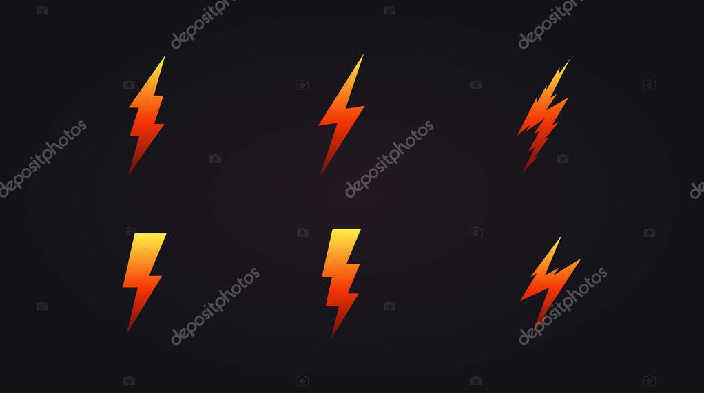 Lightning icon set. Cartoon orange lightening, bolt logo template, energy electricity symbol collection. Simple flat design, vector illustration.