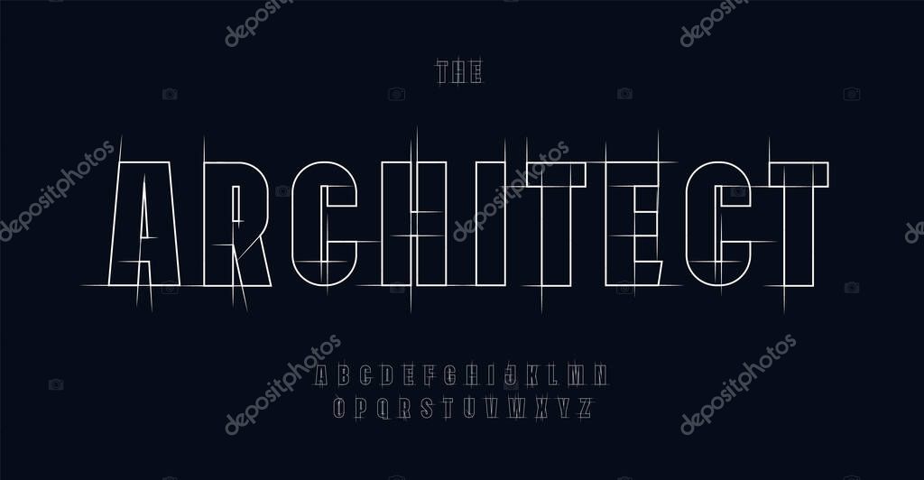 Architect alphabet, blueprint geometric letters, construction plan font for engineering logo, drafting project headline, building floor plan typography, CAD typo graphic. Vector typographic design.