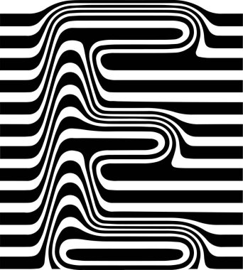 Liquified letter E, 3d striped sign, optical illusion font for opart style logo and monogram. Vector typographic design.