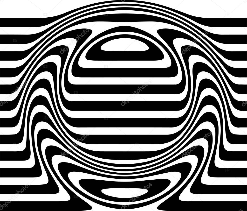 Liquified letter O, 3d striped sign, optical illusion font for opart style logo and monogram. Vector typographic design.