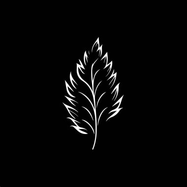 Minimalist logo şablonu, siyah arkaplanda beyaz yaprak silueti simgesi, iş kimliği için modern logoti konsepti, tişört baskısı, dövme. Vektör illüstrasyonu. 
