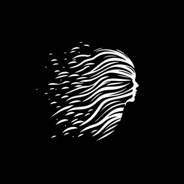 Minimalist logo şablonu, siyah arka planda kadın saç stili silueti beyaz simgesi, iş kimliği için modern logotype konsepti, tişört baskısı, dövme. Vektör illüstrasyonu. 