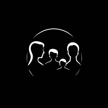Minimalist logo şablonu, siyah arkaplanda aile siluetinin beyaz simgesi, iş kimliği için modern logotype konsepti, tişört baskısı, bilgi resimli Vector illüstrasyonu. 