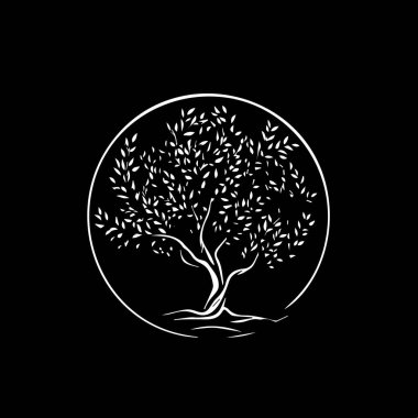 Minimalist logo şablonu, siyah arkaplanda beyaz zeytin ağacı silueti, iş kimliği için modern logoti konsepti, tişört baskısı, dövme. Vektör illüstrasyonu. 