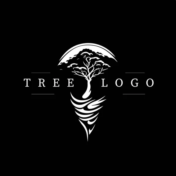 Minimalistisk Logotyp Mall Vit Ikon Träd Med Rötter Siluett Svart — Stock vektor