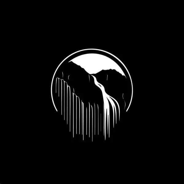 ミニマルなロゴテンプレート ブラックの背景に滝のシルエットの白いアイコン ビジネスアイデンティティのための現代的なロゴタイプのコンセプト Tシャツプリント タトゥー ベクターイラスト — ストックベクタ
