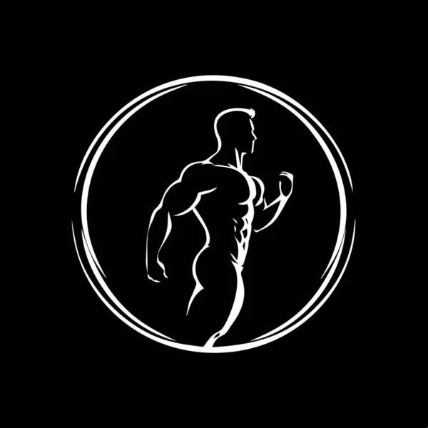 简约的圆形标志模板 白色图标的健身房男子轮廓黑色背景 现代标志概念的企业身份 T恤衫打印 矢量说明 — 图库矢量图片