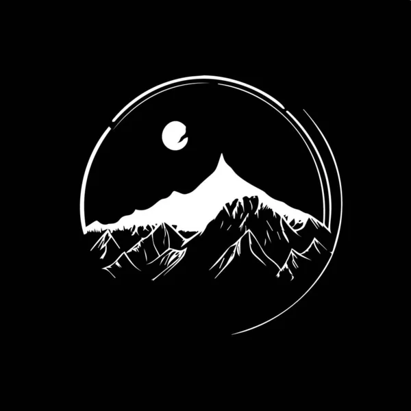Minimalist Yuvarlak Logo Şablonu Siyah Arkaplanda Dağ Siluetinin Beyaz Simgesi — Stok Vektör