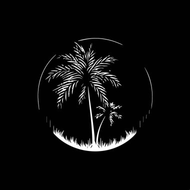 Minimalist yuvarlak logo şablonu, siyah arka planda beyaz palmiye silueti simgesi, iş kimliği için modern logoti konsepti, tişört baskısı, dövme. Vektör illüstrasyonu. 