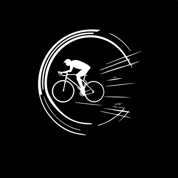 Minimalistic Logo Template White Icon Cyclist Silhouette Black Background Modern — Stock Vector