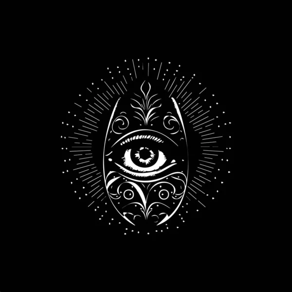stock vector All-seeing eye dotwork tattoo with dots shading, depth illusion, tippling tattoo. Hand drawing white emblem on black background for body art, minimalistic sketch monochrome logo. Vector illustration.