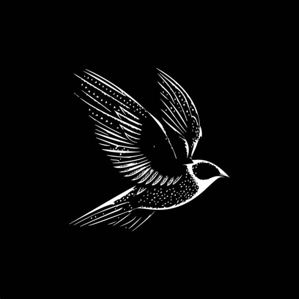 Swallow flight dotwork tattoo with dots shading, depth illusion, tippling tattoo. Hand drawing bird emblem on black background for body art, minimalistic sketch monochrome logo. Vector illustration.