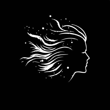 Minimalist logo şablonu, siyah arka planda kadın saç stili silueti beyaz simgesi, iş kimliği için modern logotype konsepti, tişört baskısı, dövme. Vektör illüstrasyonu. 