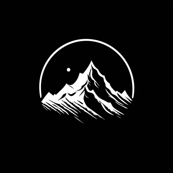Minimalist Logo Şablonu Siyah Arkaplandaki Dağ Siluetinin Beyaz Simgesi Kimliği — Stok Vektör