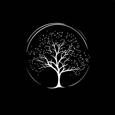 Siyah arkaplanda beyaz ağaç silueti, bilge sembol, eğitim işareti, boho logosu konsepti, tişört baskısı, dövme şablonu. Vektör illüstrasyonu. 