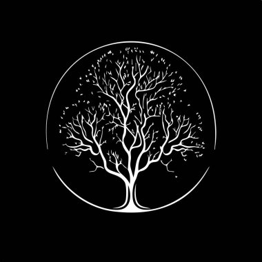 Siyah arkaplanda beyaz ağaç silueti, bilge sembol, eğitim işareti, boho logosu konsepti, tişört baskısı, dövme şablonu. Vektör illüstrasyonu. 