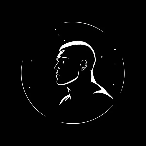 ミニマルなラウンドロゴテンプレート 黒の背景に男の頭のプロファイル肖像シルエットの白いアイコン ビジネスアイデンティティのための現代的なロゴタイプのコンセプト Tシャツプリント タトゥー ベクターイラスト — ストックベクタ