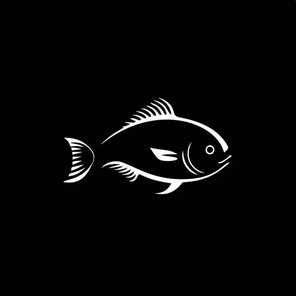 stock vector Minimalistic logo template, white icon of fish silhouette on black background, modern label of fish product, fish market, accessories for fishermen and fishing. Vector illustration.