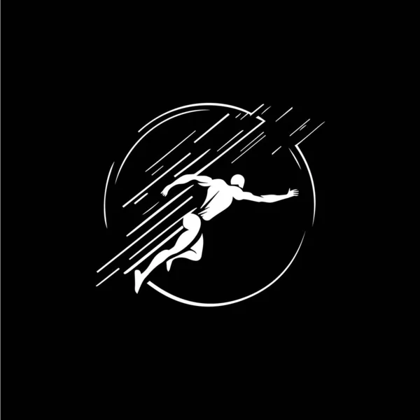 黒の背景にランナーやジャンパーシルエットの白いアイコン スポーツロゴテンプレート ジョギングや現代のロゴタイプの概念をジャンプ Tシャツの印刷 タトゥー インフォグラフィック ベクターイラスト — ストックベクタ