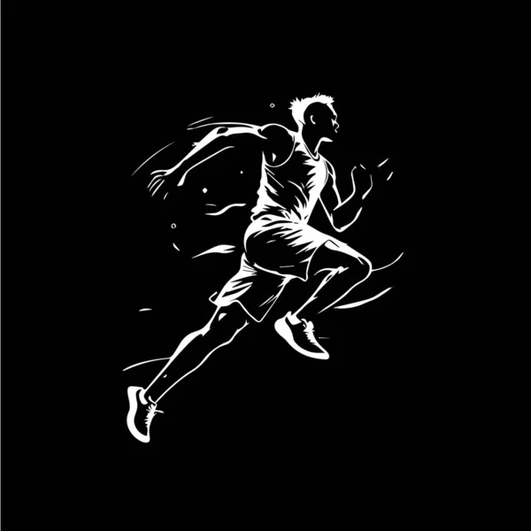 跑步者的白色图标的轮廓黑色背景 运动标志模板 慢跑或跳跃现代标志概念 T恤衫打印 信息图形 矢量说明 — 图库矢量图片