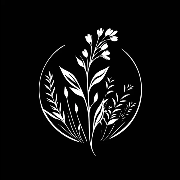stock vector White icon of hand drawn sketch dry herbs silhouette on black background, modern boho logo template, t-shirt print, nature minimalist label, tattoo template. Isolated vector illustration. 