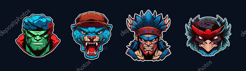 Cartoon animal head, red and blue sport logo collection with white outlined. Angry face of hulk, juguar, warrior, and raven characters. Sport team mascot set. Vector illustration.