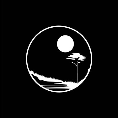 Minimalist tatlı yuvarlak logosu, çayır manzarası silueti siyah arka planda beyaz ikon, kırsal tek renkli logot konsepti, manzara çizimi, dövme. Vektör illüstrasyonu.